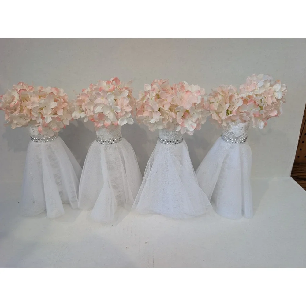 Set of 8 Blush Pink Wedding Centerpieces, Lace Tulle Vase Decor, Romantic Floral